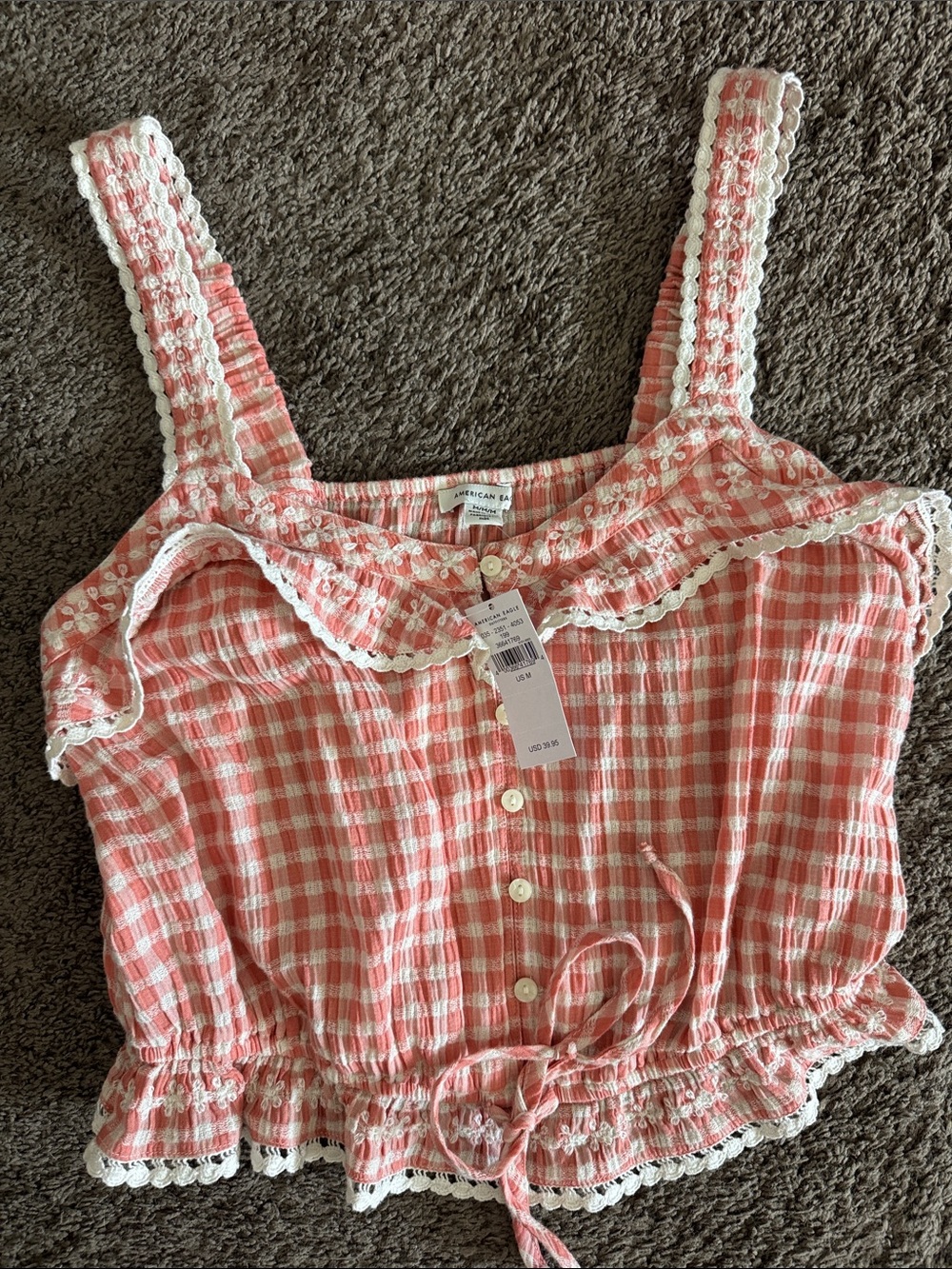 American Eagle Outfitters Coral Pink Gingham Lace-Trim Cropped Cami